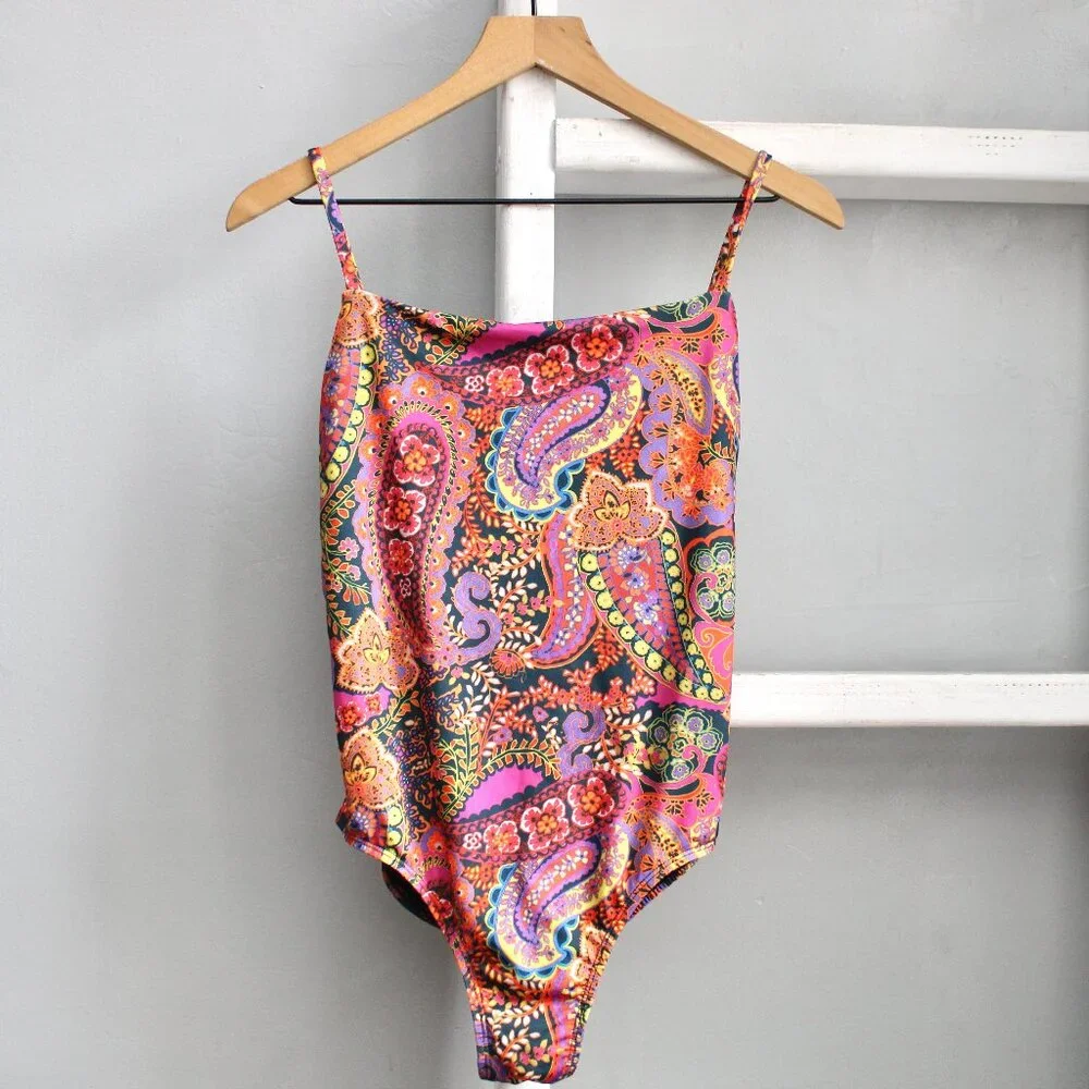 Allihop Anthropologie Multi Paisley Square-Neck One-Piece Swimsuit Size Medium - Picture 3 of 9